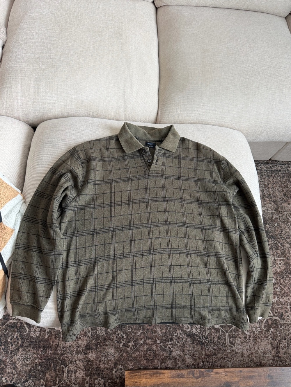 Vintage Men's Olive Plaid Long-Sleeve Polo Shirt